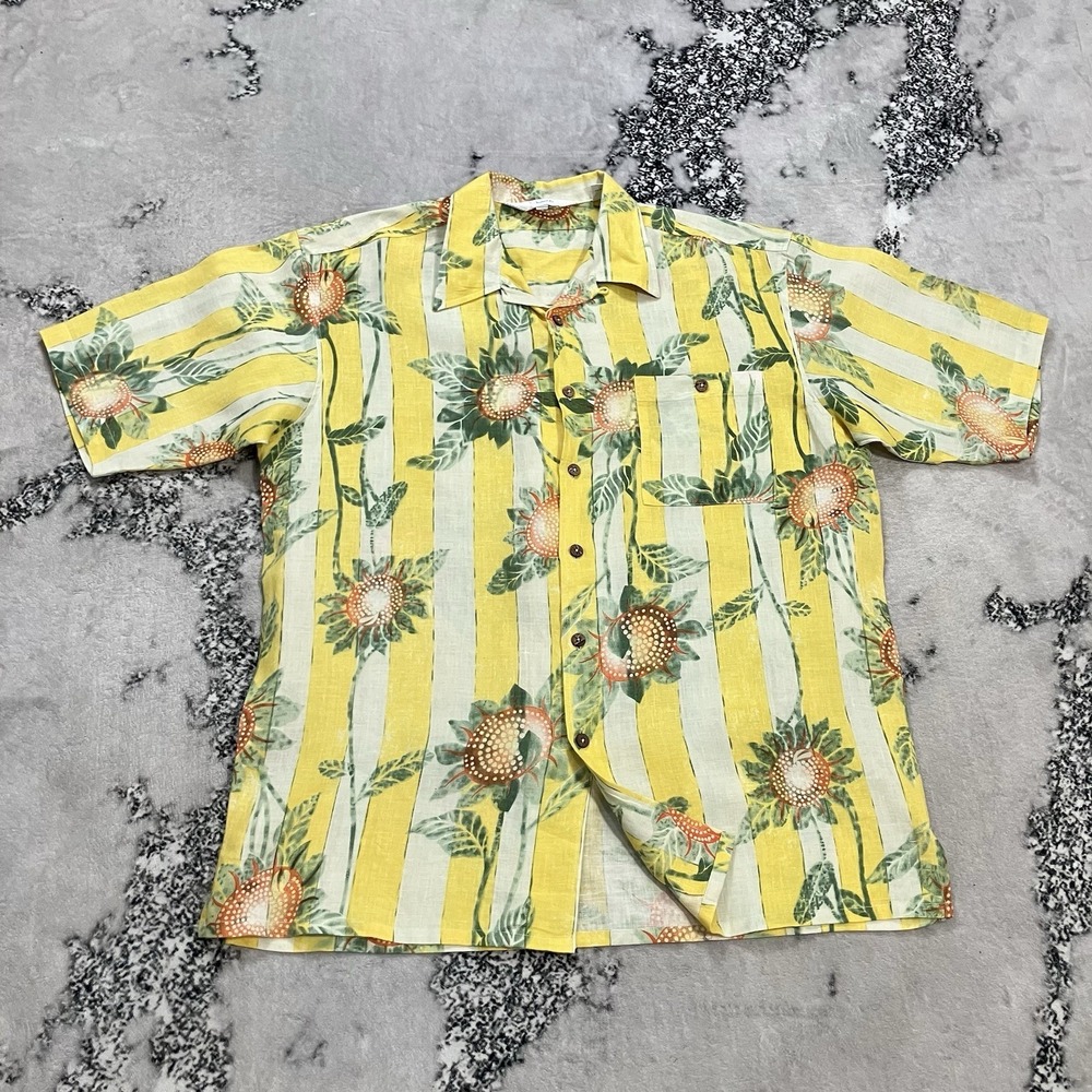 Genelli 100% Linen Tropical Floral Striped Button Front Camp Shirt Mens Sz Large